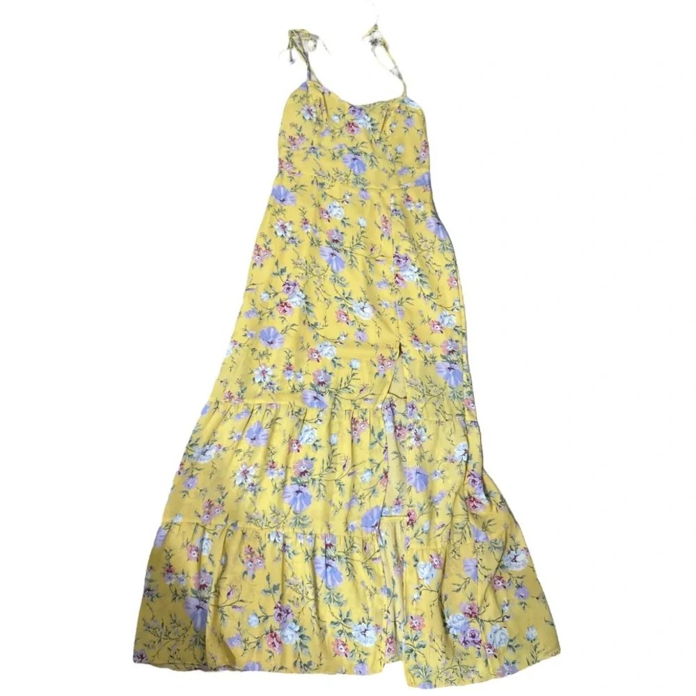 Abercrombie & Fitch Size XS Yellow Floral Maxi Dress w/Tie Straps at Shoulders